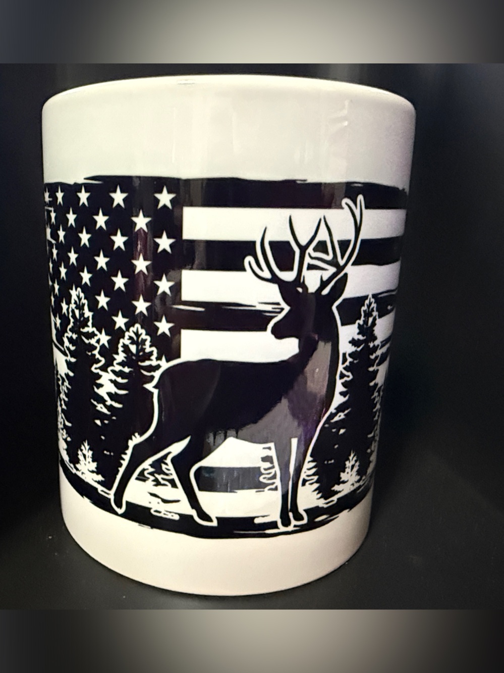 NEW 11 oz Black & White Flag & Deer Silhouette Coffee Mug